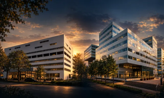 Two office buildings at dusk